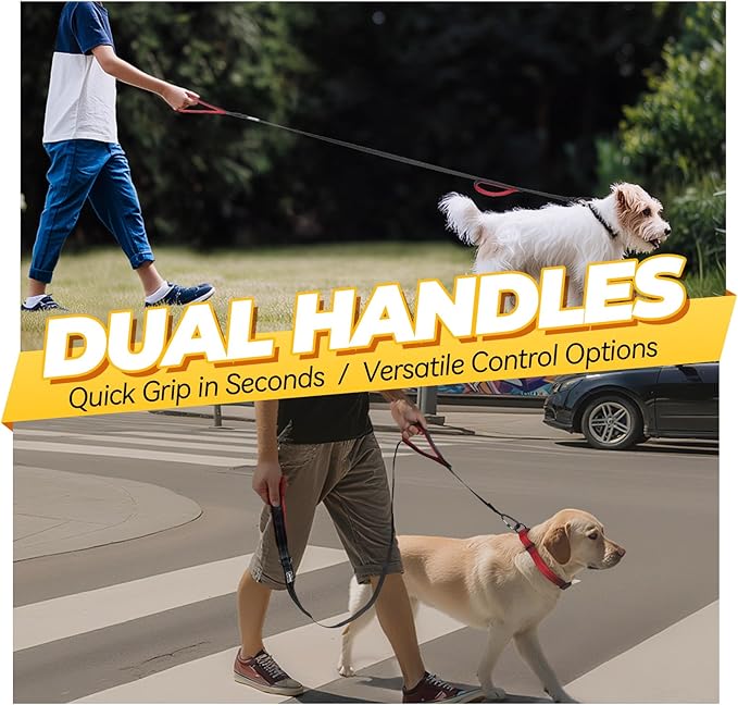 VIVAGLORY Dog Leash Lighthook Double Handle Dog Leash with Traffic Handle & Locking Carabiner for Walking & Training, Traffic Control Lightweight Carabiner for Puppy Pet, 4ft x 1in, Black