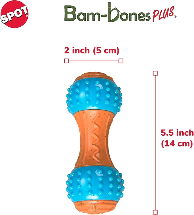 SPOT Bam-Bones Plus Gigglers Dumbbell Durable Dog Chew Toy, for Medium Aggressive Chewers, Bamboo Fiber & Nylon, Dual Texture, Massaging Rubber Ends, Peanut Butter Flavor, 5.5 in