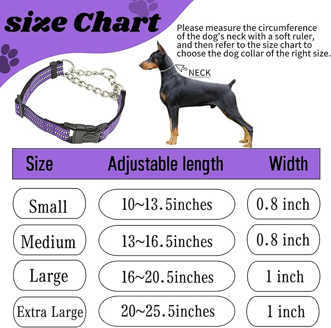 Martingale Dog Collars, Reflective Nylon Collar with Stainless Steel Chain, Adjustable Walking Training Dog Collars with Quick Release Buckle, Suitable for Small Medium Large Dogs(Purple,M)