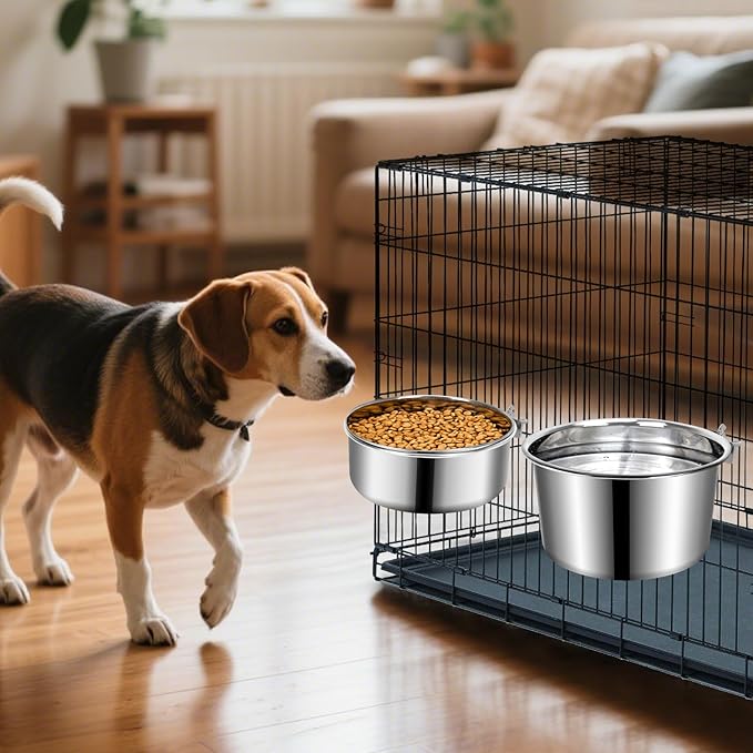Large Dog Crate Water Bowl No Spill 2 Pack, Stainless Steel Dog Bowls for Food and Water, Pet Kennel Hanging Dogs Food Bowls for Medium/Large Dogs and Cats (7.1"x3.7" & 7.1"*2.6", Silver)