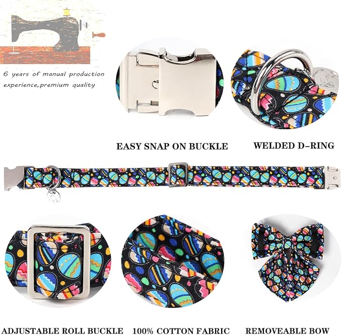 DOGWONG Easter Day Dog Collar-Cute Black Easter Dog Collar with Bow, Cotton Eggs Dog Collars with Metal Buckle for Small Medium Large Dogs