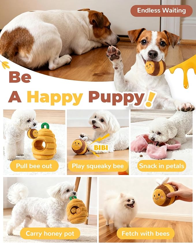 BurgeonNest Dog Toys for Small Dogs,Interactive Plush Squeak Puzzles Chewers to Keep Them Busy,1 Beehive 3 Squeaky Bees,2 Treat Petals,Puppy Xmas Present
