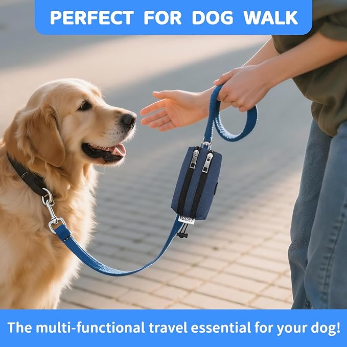 Dog Poop Bag Holder for Leashes, Puppy Treat Pounch Carrier with 2 Zipper Pockets and Clip for Pets Training, Dog Waste Bag Dispenser with 1 Roll Poop Bags for Walking Accessories (Navy Blue)