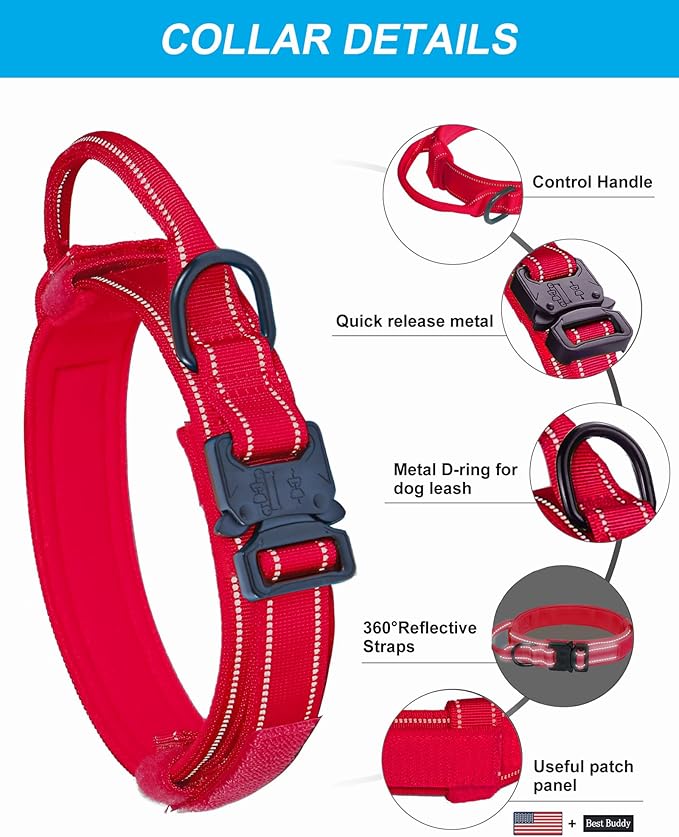 AUBELL Reflective Tactical Dog Collar,Adjustable Military Heavy Duty K9 Collars with Handle and Quick Release Metal Buckle Great for Medium Dogs, with Airtag Case and 2 Patches (Red,M)
