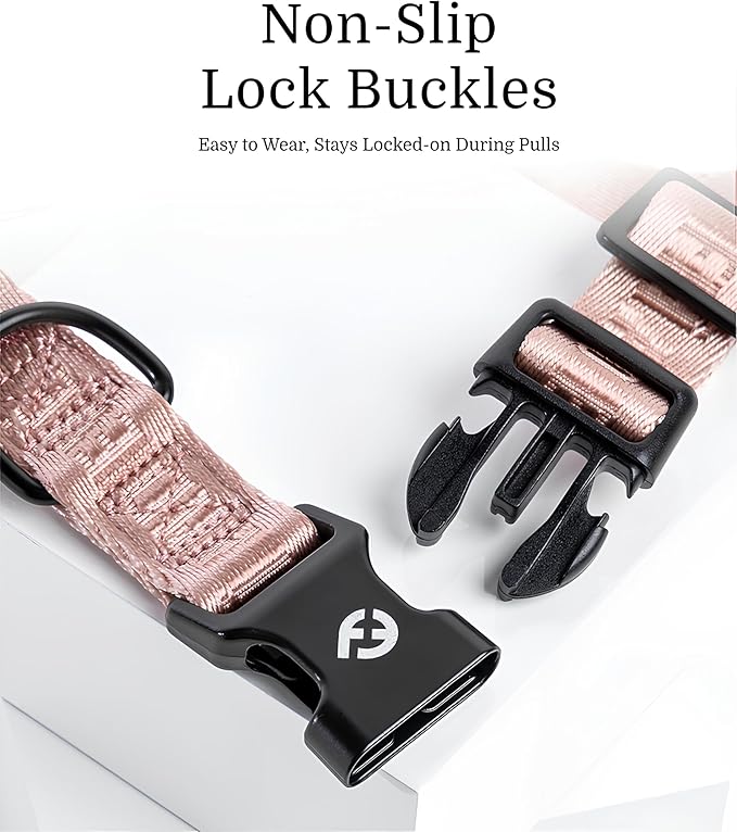 2026 New Edition, Fei & Eve Classic Dog Collar - Quick Release Metal Buckles | Fur-Safe | Premium 210D Nylon | 450LB Escape-Proof | Adjustable Fit | Large (Blush)