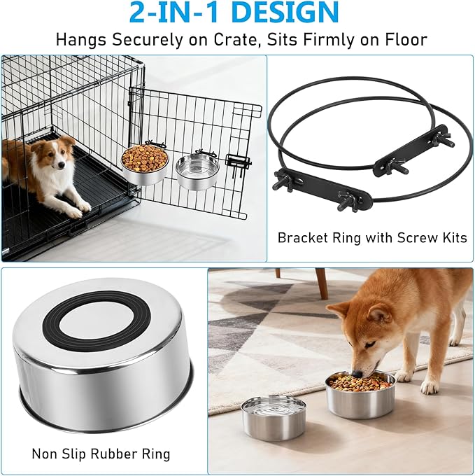 Dog Kennel Water Bowl Hanging, ShineMe 2 Pack 34oz & 25oz Nonslip Stainless Steel Dog & Cat Food and Water Feeder Bowls Mounts to Wire Crates Cages Kennels