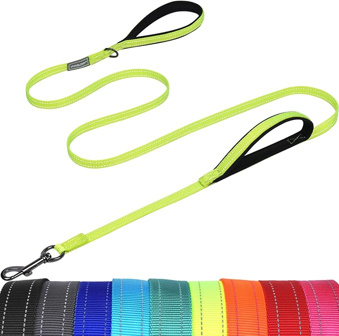 VIVAGLORY Twingrip Dog Leash, Double Handle Dog Leash for Training & Walking with Traffic Handle & 2 Loop, Traffic Control Reflective Heavy Duty for Puppy Pet, 6ft x 1/2in, Bright Yellow