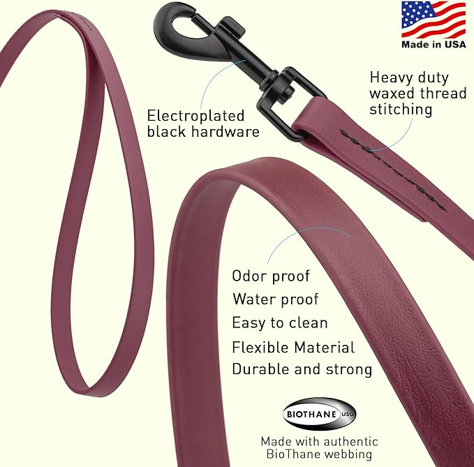 Dogline Biothane Waterproof Dog Leash Strong Coated Nylon Webbing with Black Hardware Odor-Proof Easy to Clean High Performance for Small or Large Dogs Made in USA 2 ft Lead, Merlot Burgundy