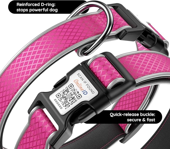Reflective Dog Collar with Waterproof Air tagholder & Anti-Lost QR Code | Ultra-Durable | Soft Padded | Safety Locking Buckle | Fit Small Dogs (Rose Red S(9.8"-15.7"))
