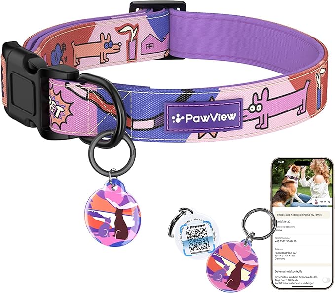 Dog Collar with QR Code ID Tag, Smart Pet ID Collar with Free App Option, Soft Padded Adjustable Dog Collar with Secure Metal D-Ring & Quick Release Buckle for Small Medium Large Dogs (Purple, M)