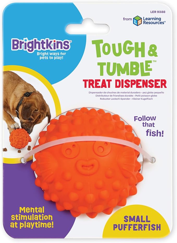 Brightkins Tough & Tumble Treat Dispenser Small Pufferfish - BPA Free Enrichment Dog Toys for Aggressive Play, Gift for Puppies