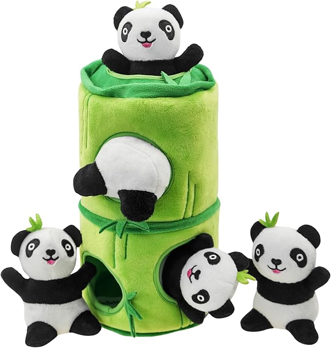 Dog Hide and Seek Toys Puppy Chew Squeaky Toys Plush Mushroom&Bamboo&Shell Hideout Stuffing with Squeakers Animals (Bamboo Hideout with 5 Panda)