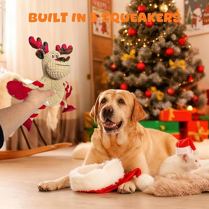 Squeaky Christmas Dog Toys Plush Dog Toy Tug of War Interactive Dog Toys for Aggressive Chewers Cute Stuffed Animal dog toy for Puppies Small Medium and Large Dogs