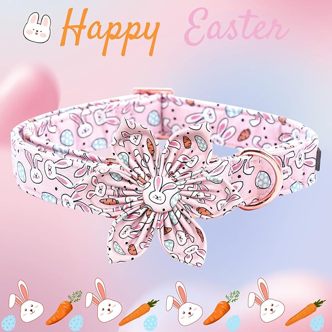 Elegant little tail Easter Dog Collar,Pink Bunny Dog Collars Holiday Pet Collar with Flower Pet Gift Adjustable Puppy Collars for Medium Dogs