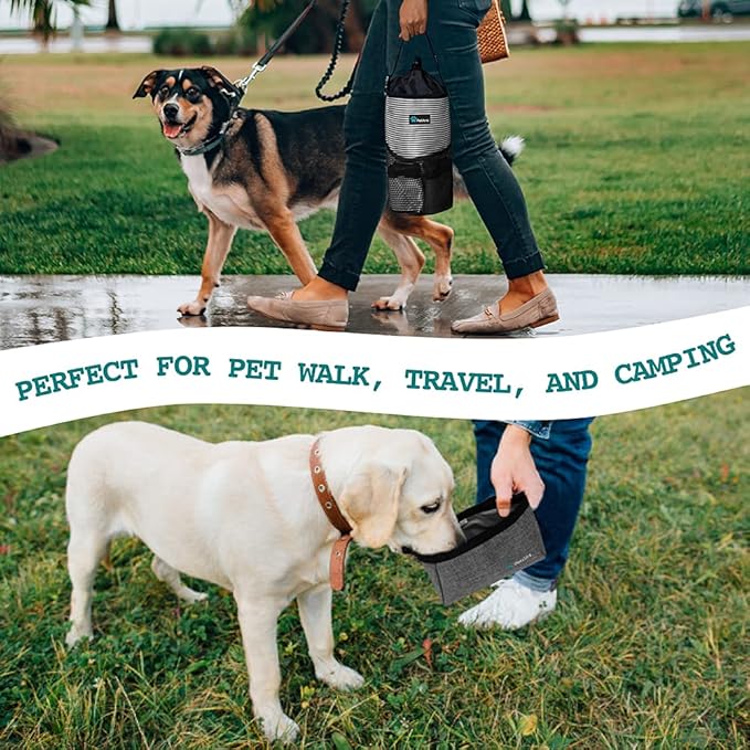 PetAmi Travel Dog Food Bag with 2 Collapsible Bowls Waterproof Dog Kibble Storage & Foldable Food Water Bowls for Dogs & Cats, Hiking & Camping (Stripe Black, Grey)