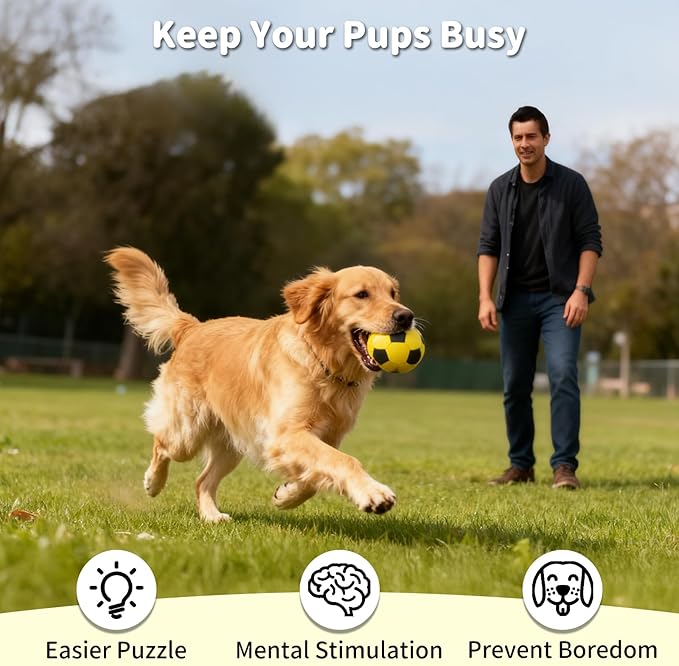 Interactive Dog Toys Treat Dispensers - Giggle Squeaky Dog Soccer Ball Rewards Puzzle to Keep Them Busy, Mental Stimulation Enrichment Food Dispensing for Small Medium Large Breeds, Yellow