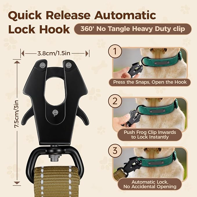 Detachable Heavy Duty Tactical Dog Leash, 9.7FT Hand-Free Bungee Shock Absorption Leash with Padded Handle Quick Release Metal Clip Car Seatbelt No Pull Training Lead for Medium & Large Dogs (Khaki)