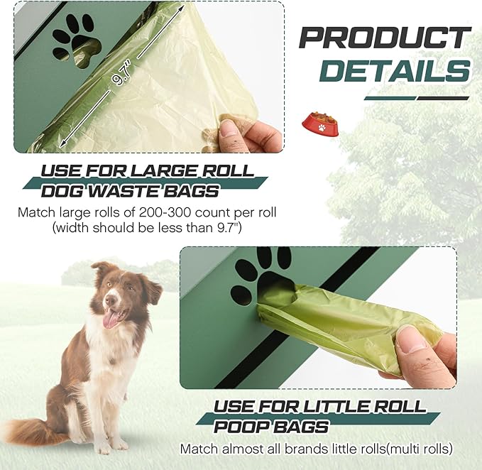 Blulu Wall Mount Dog Poop Bags Dispenser Holder with Hooks Metal 200/300 Single Large Roll Pet Waste Station Bags Dispenser for Outdoor Indoor Home Yard Doggy (Green)