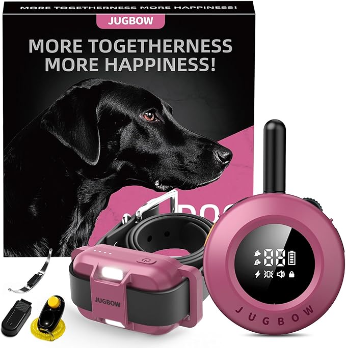 Jugbow Dog Shock Collar - 3/4 Mile Dog Training Collar with Remote for Large Medium Dogs, Rechargeable IPX8 Waterproof E-Collar with 3 Training Modes, LED Light & Security Lock (Pink)