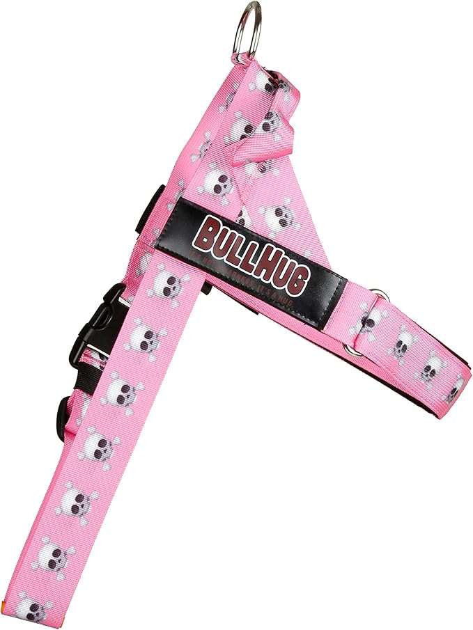 BULLHUG Adjustable Dog Harness– No Pull, No Choke – for English Bulldogs, French Bulldogs, Pugs & Broad-Chested Breeds – Easy, Safe Walks (Pink Skull, XS)