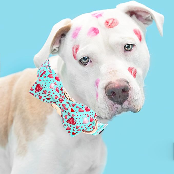Elegant little tail Valentine's Dog Collar, Cute Pink Heart Pet Collars with Bow Soft Dog Collar Female or Male Adjustable Cotton Pet Collars for Small Medium Large Dogs
