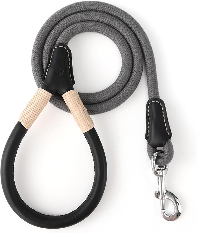 Mile High Life Genuine Leather Wrapped Handle Dog Leash, w Heavy Duty Clasp Rope Leash for Small Medium Large Dogs (Gray, 5FT)
