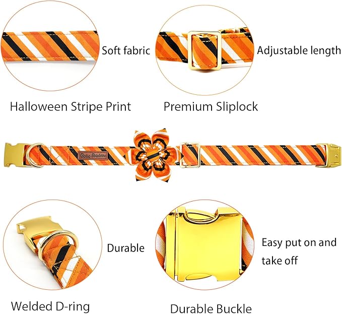 Elegant Little Tail Halloween Dog Collar - Orange Stripe Pet Collar With Flower for Small Dogs - Soft Durable Holiday Accessory
