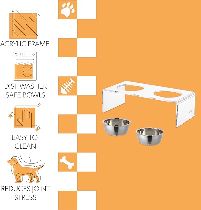 The LICKER Store DBL2000A Keaton 5" Small/Medium Modern Lucite Rectangular Elevated Pet Feeder with 20oz 2-Stainless Steel Bowls, Clear/Chrome