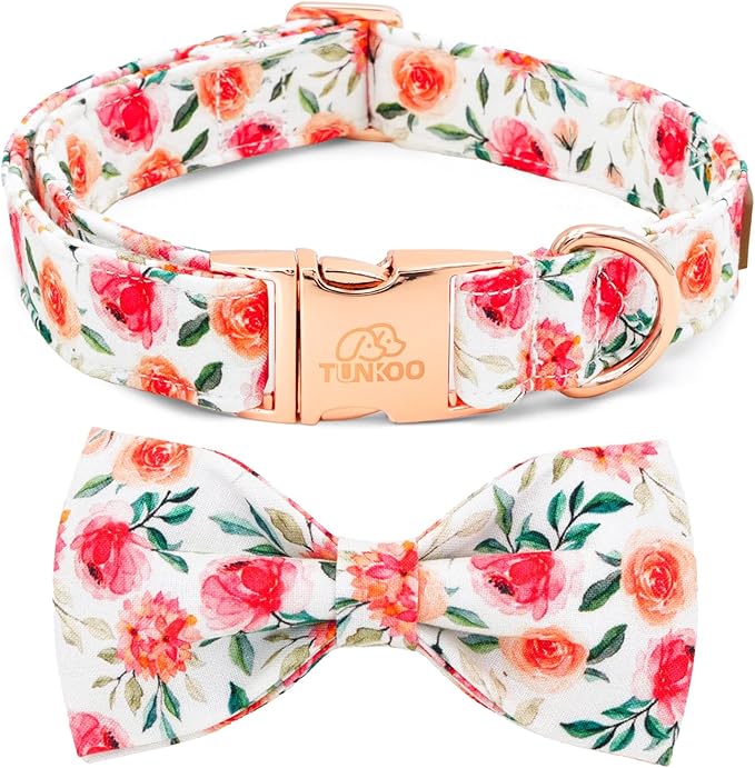 Tunkoo Flower Dog Collar with Cute Bow Tie and Rose Patterns, Adjustable Premium Durable Cotton Collar Gift for Small Medium Large Boys Girls Dogs, S