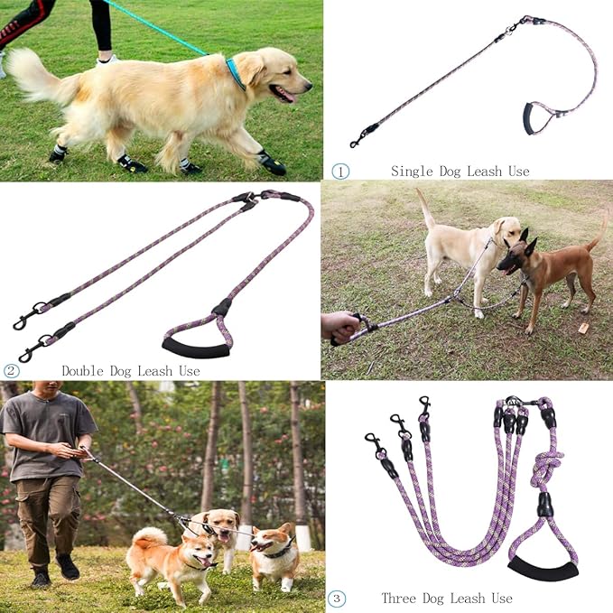 3 Dog Leash - Padded Handle, 360° Swivel Multiple Dog Leash No Tangle, Lead for Medium Large Dogs, Walking & Training Double Dogs (Purple Green)