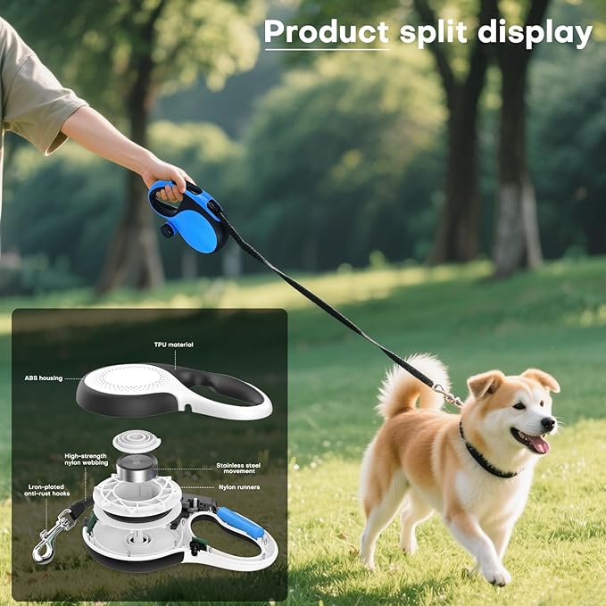 Retractable Dog Leash with Chew Proof Cable,26Ft Heavy Duty Dog Leash for Medium Large Dogs up to 110lbs,360°No Tangle,One-Handed Brake,Pause,Lock(Blue)