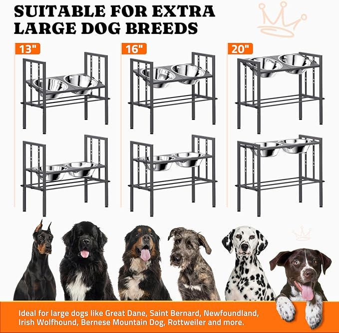 Elevated Dog Bowls - Metal Raised Dog Bowls for Large Breed with 3 Adjustable Heights, Perfect Sturdy Bowl Stands for Extra Large Sized Dogs, Grey with Feeding Mat