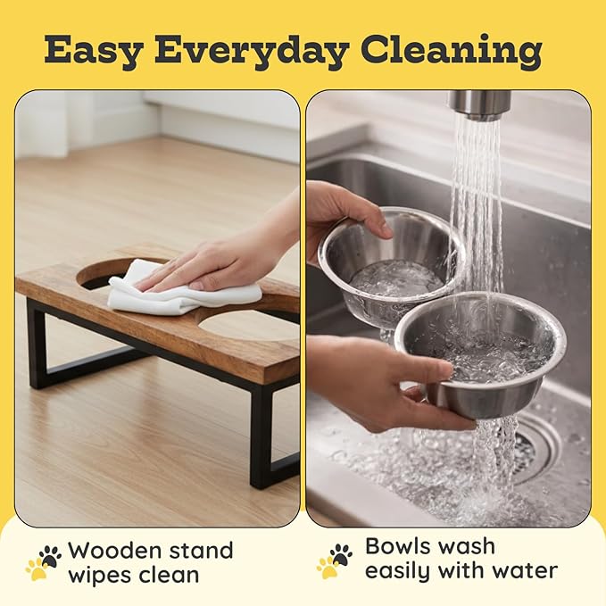 Elevated Dog Bowls, Small 4 Height Mango Wood Raised Dogs Bowl Stand Iron Frame with 16oz 2 Pcs Stainless Steel Pet Dishes | Food & Water 2Cup, 0.47L Capacity Nonslip Cats Feeding Station