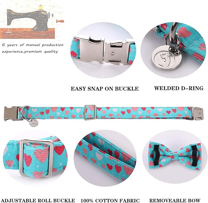 DOGWONG Valentine's Dog Collar With Bowtie - Blue Heart Adjustable Cotton Collar for Small, Medium, Large Dogs