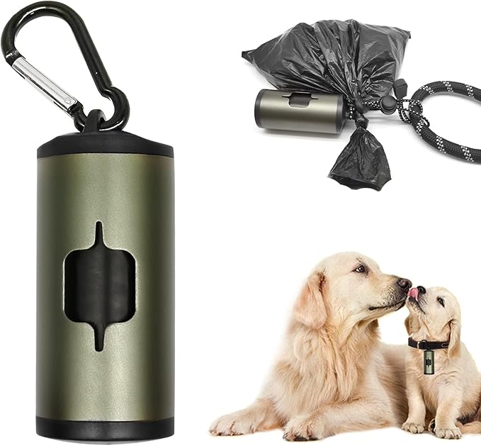 Aluminum Dog Poop Bags Holder with Carabiner Metal Pet Waste Bags Dispenser with Hook and Loop Fastener and Elastic Cord to Carry Used Bags (Olive Green, 1 Holder 15 Bags)
