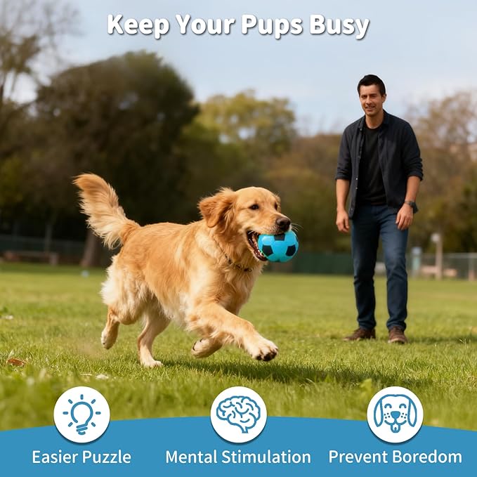 Interactive Dog Toys Treat Dispensers - Giggle Squeaky Dog Soccer Ball Rewards Puzzle to Keep Them Busy, Mental Stimulation Enrichment Food Dispensing for Small Medium Large Breeds, Blue