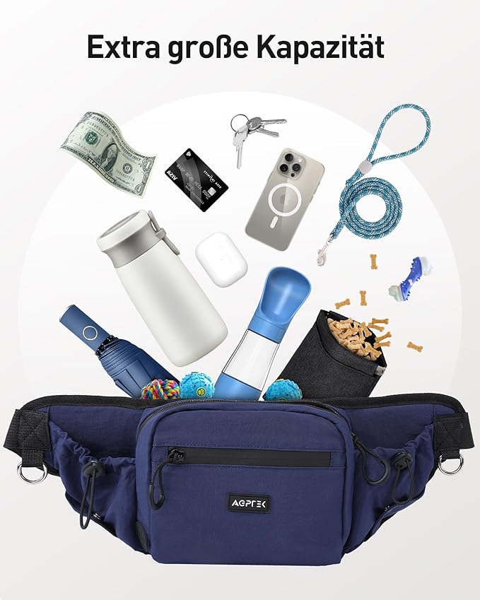 AGPTEK Dog Walking Fanny Pack, Large Capacity Dog Training Treat Pouch, Waist Bag with Removable Snack Pouch, Water Holder, Poop Bag Dispenser, Waterproof Zipper, Adjustable Strap, Dark Blue