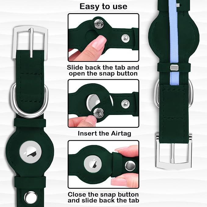 Leather Dog Collar with Airtag Holder - Apple Air Tag Dog Collars - Soft Tracking GPS Pet Collar for Small Medium Large Dogs Breed Puppy (Green, S, 9"-12" Neck Fit)