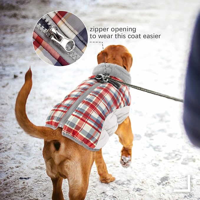 FUAMEY Dog Coat for Medium Dogs,Waterproof Dog Winter Jacket with Harness Built in Puppy Cold Weather Coats Reflective Pet Vest with Zipper Warm Fleece Dogs Snowsuit Windproof Red Plaid M