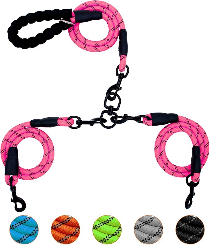 2 Way No Tangle Dog Leash - 360° Swivel Leash for Two Dogs, Reflective Design for Small Medium Large Dogs (Pink, 2 Way)