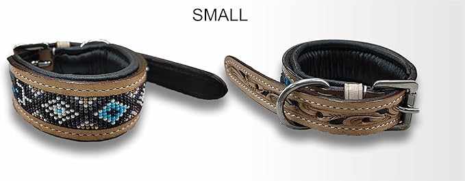 Majestic Ally Padded Leather Dog Collar, Multi-Color Beaded Diamond Design, Handcrafted (Small, Diamond Beadwork)