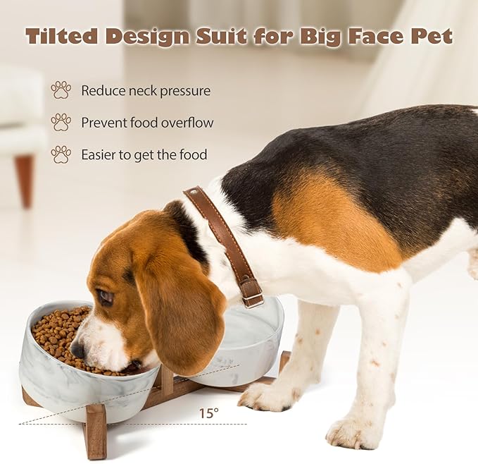Dog Bowls Set with Wood Stand, 3.6-Cup Ceramic Pet Bowls for Medium Dogs, Weighted Food Water Bowl Set for Dog and Cat