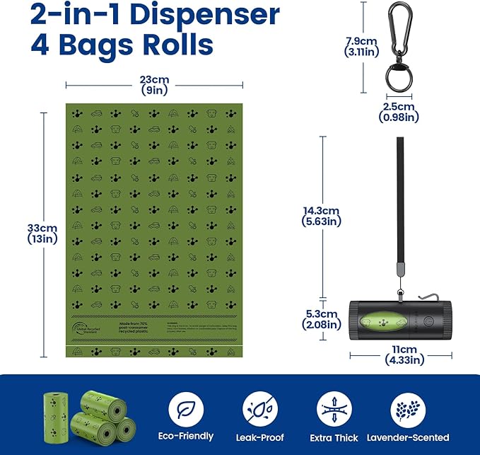 Dog Poop Bag Holder with 4 Modes Flashlight Rechargeable, Smart Dispenser with Used Bags Hook & Retractable Bags Design, Dog Walking Accessory with Carabiner Clip Fits Any Leash (60 Bags Included)