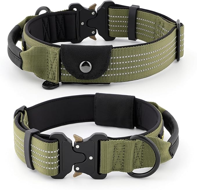 Plutus Pet Tactical Dog Collar with Tracker Pocket for AirTag, Adjustable Reflective Nylon Collar, Metal Buckle, Leather-Wrapped Handle, Soft Padded for Medium Large Dogs (Ranger Green, L)