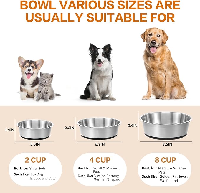 Stainless Steel Dog Bowls Set of 2, Extra Thick Metal Bowls, with Non-Slip Rubber Base Dog Bowl, BPA Free, Holds 4 Cups(32 fl oz), for Small Dogs, Black