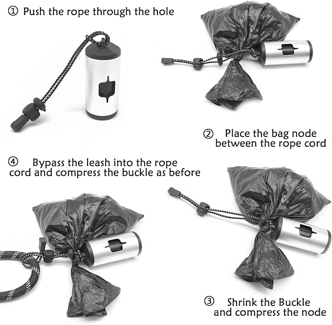 Aluminum Dog Poop Bags Holder with Carabiner Metal Pet Waste Bags Dispenser with Hook and Loop Fastener and Elastic Cord to Carry Used Bags (Silver, 1 Holder 15 Bags)