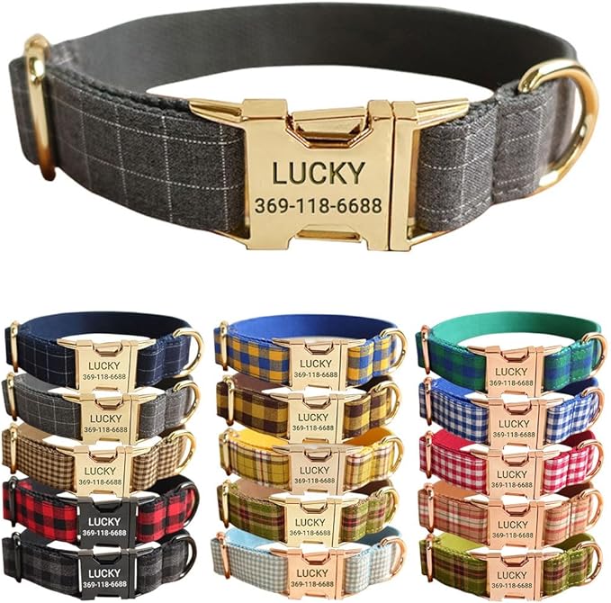 PETDURO Personalized Windowpane Plaid Dog Collar Gray - Engraved Name and Phone Number on Gold Metal Buckle - Custom for Small Medium Large Boy Girl Dogs - Add Leash Bow Tie via Customize Now
