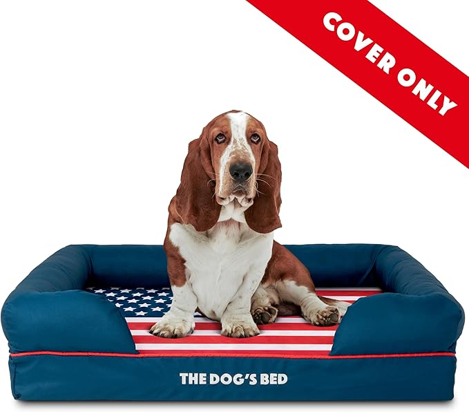 The Dog’s Bed Replacement Outer Cover, Oxford Fabric, Blue with Red Trim & USA Center Flag, Large