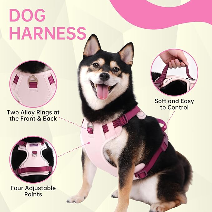 No Pull Dog Harness Leash and Collar Set, Soft Adjustable Dogs Vest Reflective and Comfortable Handle Pink X-Large