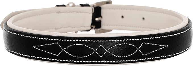 Exion Geniun Leather Dog Collar Designer Stitched Soft Leather Padded- Suitable for Small Medium Large X-Large Dogs for Walking Running- Black with White Padding